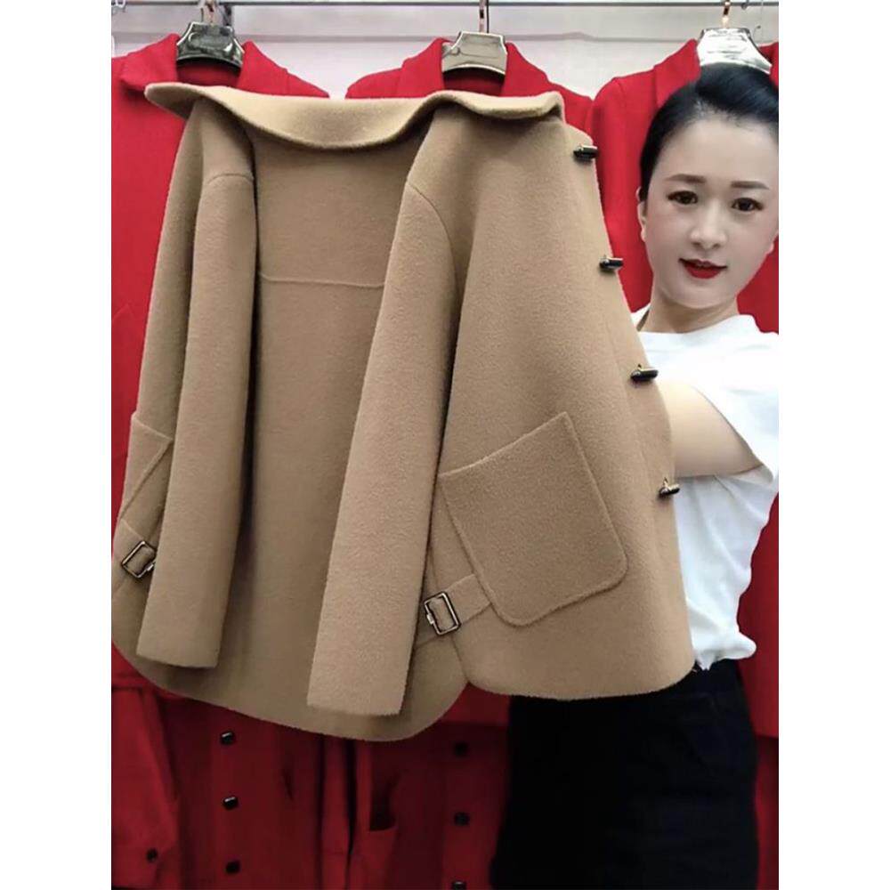 秋冬女开衫宽松洋气双面呢小个子上衣毛呢外套中年妈妈装羊毛外搭