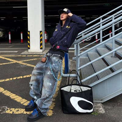 BLOOD RULE美式复古做旧泼墨破洞阔痞帅街头牛仔裤男春季宽松长裤