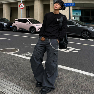 BLOOD RULE美式复古多口袋阔腿褶皱宽松休闲工装弯刀裤男女长裤