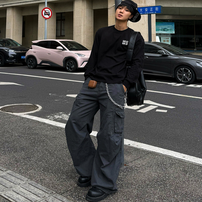 BLOOD RULE美式复古多口袋阔腿褶皱宽松休闲工装弯刀裤男女长裤