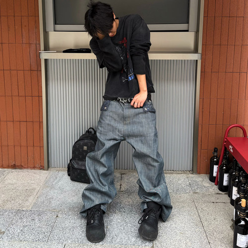 BLOOD RULE司湖水绿圣徒巴洛克浮雕cleanfit直筒宽松原牛仔裤男女