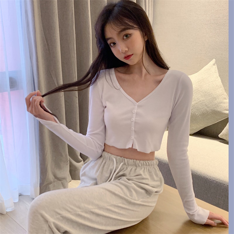 Real price white T-shirt Korean slim long sleeve short open navel cardigan