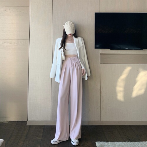 Real shooting real price high waist suit pants women's loose straight tube fill hanging feeling floor dragging leisure wide leg pants