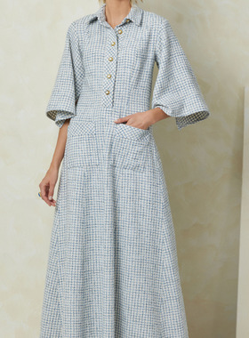 浅灰色花呢半袖A摆衬衫连衣裙春秋欧美优雅定制做 tailor dresses