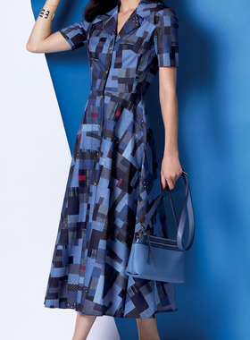 牛仔蓝色拼接印花真丝连衣裙欧美性感夏量身定制tailored dresses