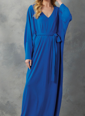 宝蓝色针织棉弹力长袍连衣裙欧美定制做party tailored dresses