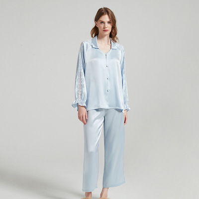 蝶绣蕾丝插肩袖真丝睡衣长袖长裤