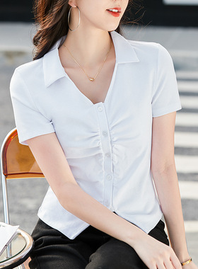 甜美纽扣翻领开衫纯欲风时尚百搭Y2Kins超火甜美百搭短袖夏装女