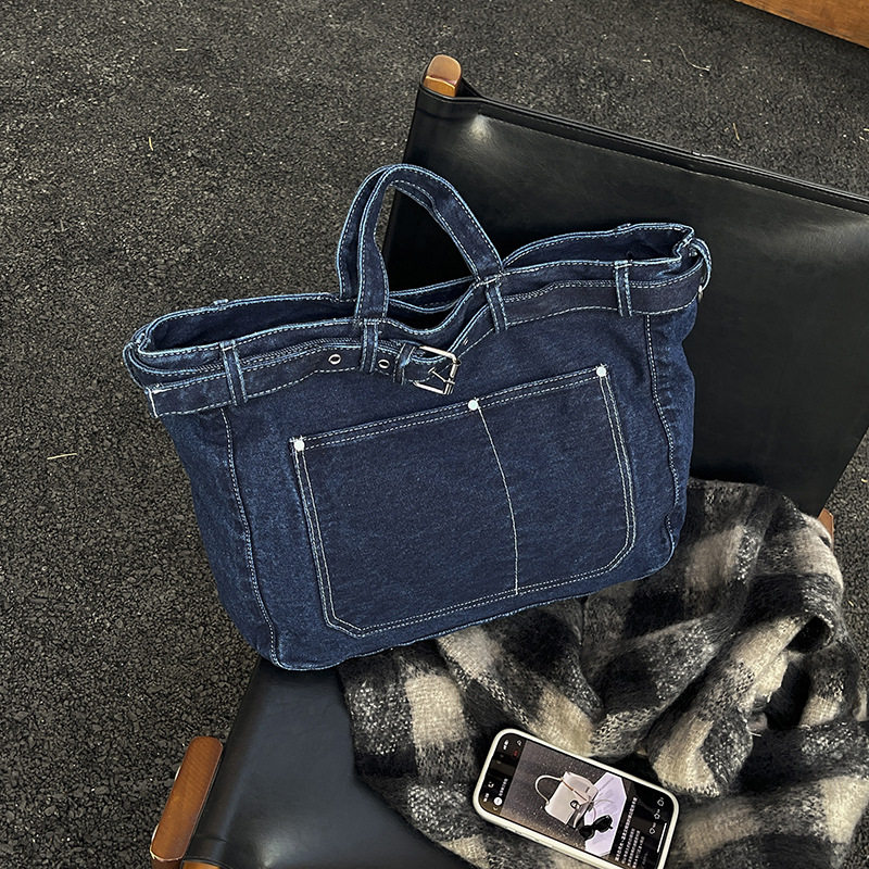 复古潮流休闲时尚水洗牛仔布包包女通勤百搭手提包纯色简约斜挎包