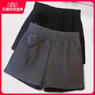 女童黑色短裤秋冬2025新款韩版中大童12岁13女孩15毛呢网红外穿潮