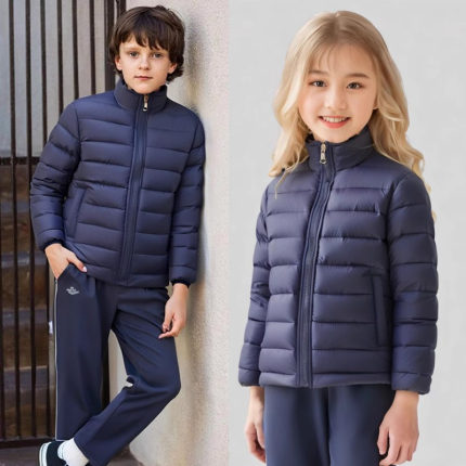 儿童羽绒服内胆中小学生校服神器男童女童高领拉链外套藏青色棉衣
