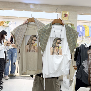 十三行新款夏季爆款美女图案丝巾立体装饰短袖T恤女时尚个性上衣