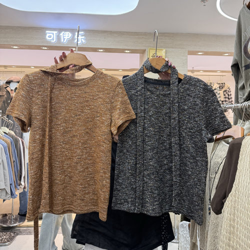 秋季小香风短袖飘带针织衫女百搭