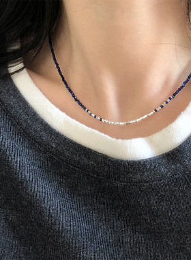 S925银碎银子青金石项链渐变蓝色串珠锁骨链小众精致百搭通勤时尚