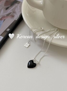 韩系甜酷简约设计饰品 S925纯银黑色滴釉爱心项链优雅百搭高级感