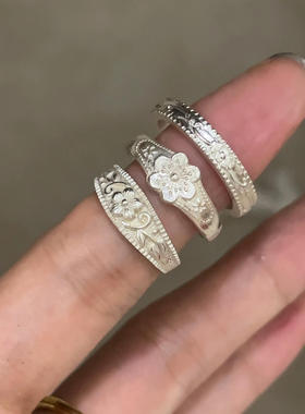 中式复古花纹戒指女S925纯银小众设计感老式梅花缠绕花戒开口指环
