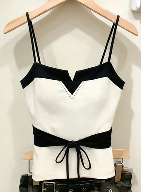 十三行一线大牌！法式蝴蝶结绑带收腰吊带背心女小V领撞色上衣潮