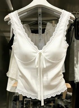 十三行一线大牌！带胸垫~蕾丝花边V领无袖吊带背心修身外穿短上衣