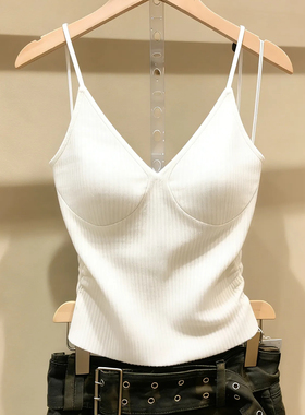 十三行一线大牌！带胸垫！V领针织吊带背心女修身内搭外穿白上衣