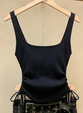 十三行一线大牌！复古抽绳收腰针织吊带背心女百搭显瘦藏青色上衣