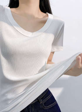凉感女士短袖T恤爆款打底衫夏季大U领打底上衣大码高弹圆领t恤女