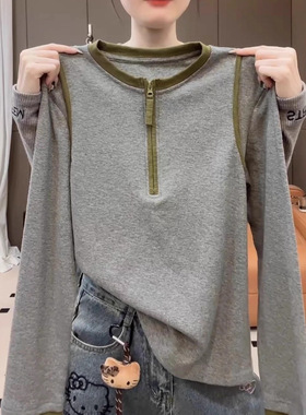 春秋季加大码200斤半拉链长袖日常百搭棉T恤女秋撞色打底衫上衣