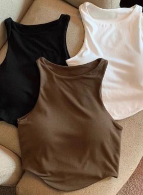 简约一体式吊带背带胸垫心女内搭小众纯色打底衫短款辣妹无袖上衣