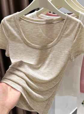 正肩短袖t恤女大圆领冰丝内搭夏季超薄款纯欲上衣低领天丝打底衫