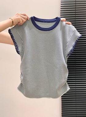 高级感飞飞袖T恤女撞色条纹针织短袖夏季小个子休闲显瘦打底上衣