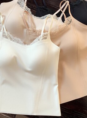 蕾丝边无痕长款吊带背心女带胸垫内搭外穿一体杯文胸固定杯吊带