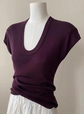 天丝紫色u领针织正肩短袖t恤女薄款夏季洋气独特别致修身显瘦上衣