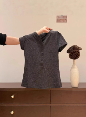 深灰色半开领短袖T恤女2026春夏新款亨利领正肩修身显瘦绝美上衣