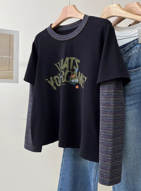 美式复古假两件撞色条纹袖T恤女2026春季宽松休闲字母长袖打底衫