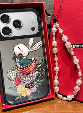 C家联名复古油画茶杯兔适用iphone17pro手机壳可爱卡通苹果15保护套16promax镜面MagSafe磁吸13亚克力14女