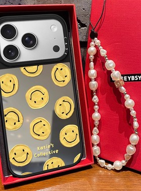 C家联名满屏黄色笑脸适用iphone17promax手机壳新款苹果15镜面保护套16pro亚克力13小众ins风14可爱卡通女