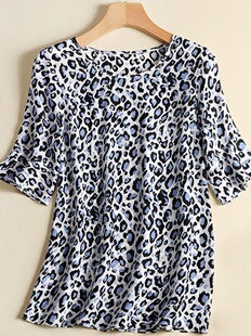 2023新款印花蚕桑丝宽松大码外穿百搭休闲打底何叶边七分袖上衣夏