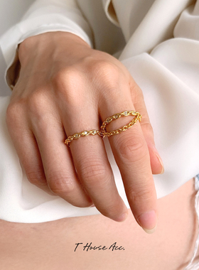 经典设计链条微镶钻细戒指 铜镀18K真金混搭叠戴食指指环个性时尚