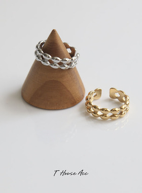 不怕水ins小众设计米粒珠双层宽面戒指开口可调节钛钢镀金食指环