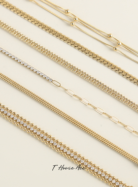 14K包金保色多层镶钻锆石手链ins链条蛇骨链马鞭链高级感轻奢手饰