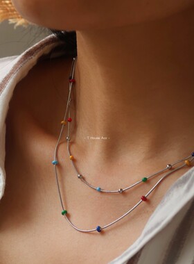不怕水不褪色多巴胺滴胶彩色豆豆间珠项链串珠彩虹豆双层锁骨链女