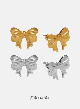 法式优雅蝴蝶结耳钉小众复古钛钢镀18k金耳环精致甜美洛丽塔耳饰