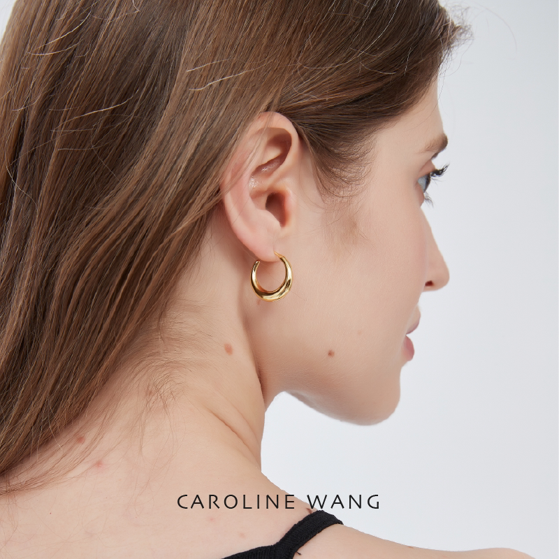 C型耳钉18mm直针小耳圈银针通勤高级感老钱风耳饰金色玫瑰金hoop