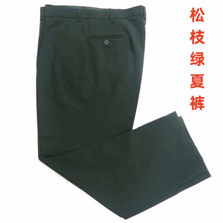 松枝正品绿色裤带屁兜款麻纱中老年时尚休闲裤宽松筒裤免烫防皱