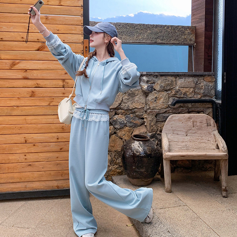 蓝色蕾丝拼接连帽减龄卫衣女2025年春季新款休闲阔腿裤，女装运动套装，浙宝288（原255）