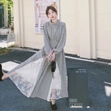 法式格子拼接网纱蕾丝连衣裙女2025秋季新款气质复古淡人立领长裙，女装连衣裙，浙宝288（原255）