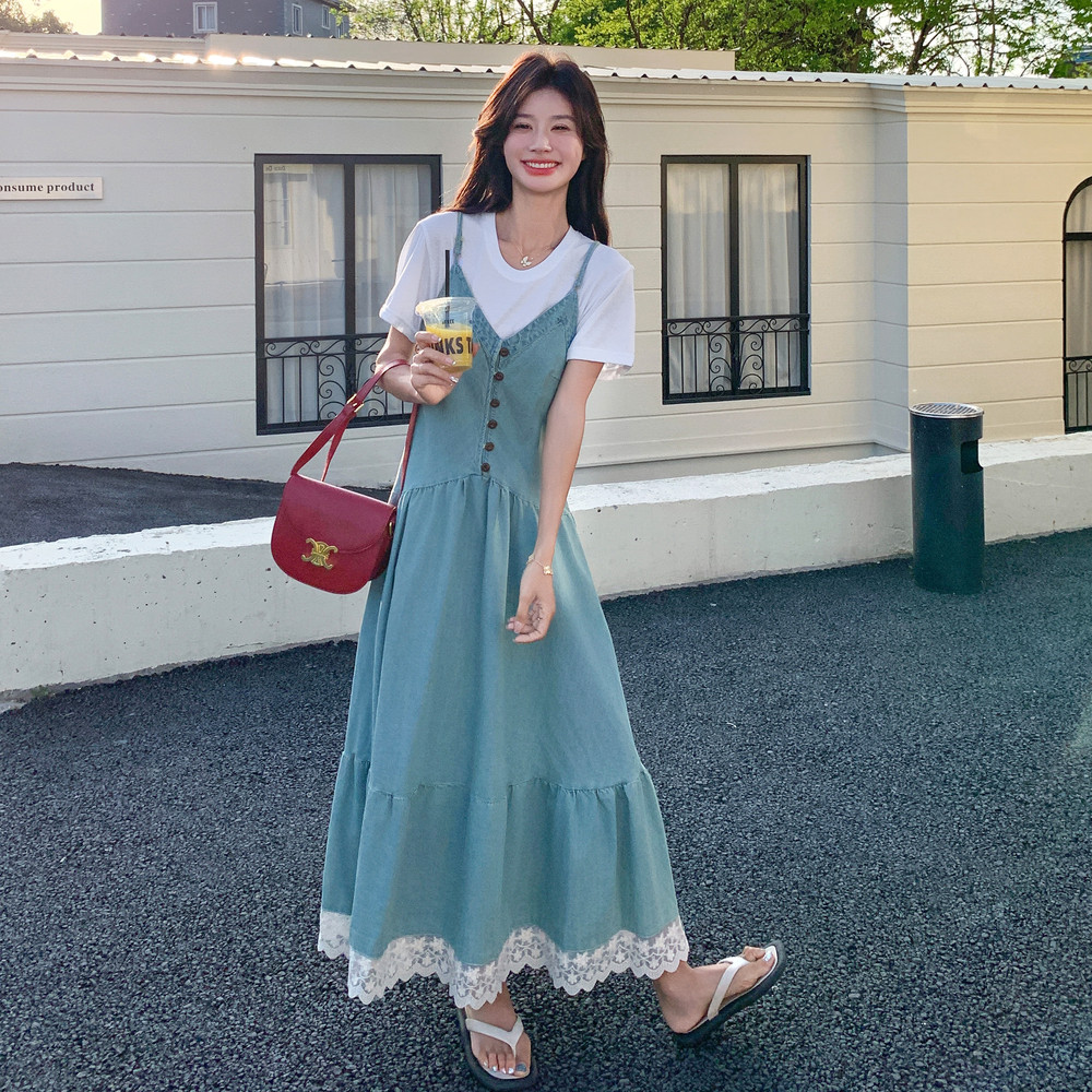温柔穿搭时尚休闲t恤两件套女夏新款显瘦气质薄款牛仔吊带裙套装,女装连衣裙,浙宝288（原255）