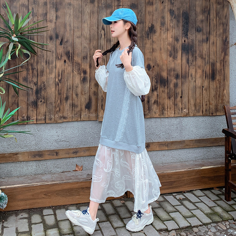 法式蕾丝拼接卫衣连衣裙女2025年春季新款减龄慵懒风假两件长裙潮,女装连衣裙,浙宝288（原255）