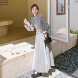 法式格子拼接网纱蕾丝连衣裙女2025秋季新款气质复古淡人立领长裙，女装连衣裙，浙宝288（原255）