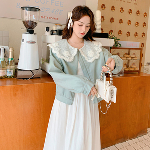 蕾丝拼接娃娃领短款皮衣外套女2025年春季新减龄洋气休闲夹克上衣图片