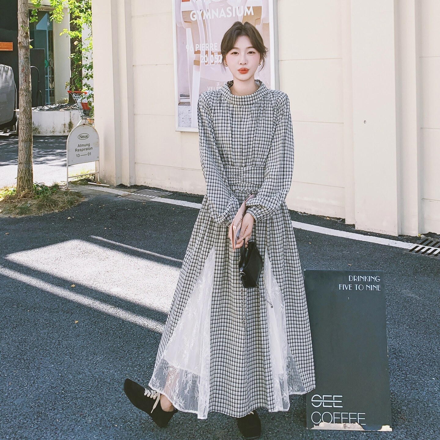 春装黑白格子连衣裙2B149-5804-P155控228,女装连衣裙,2B149